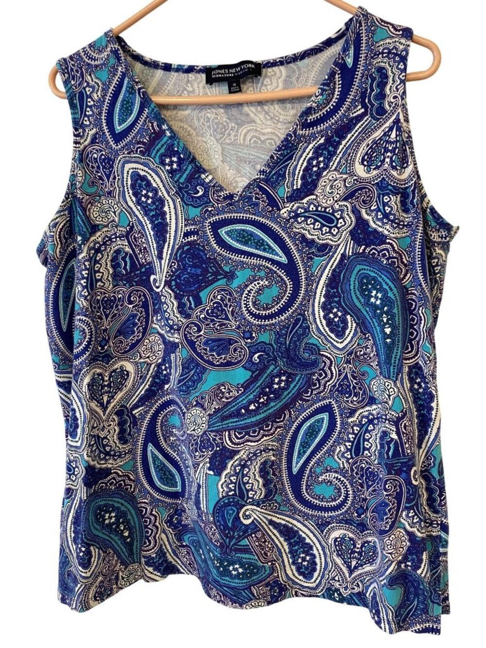 Jones New York Signature Woman 1X Blue Paisley V Neck Sleeveless Blouse